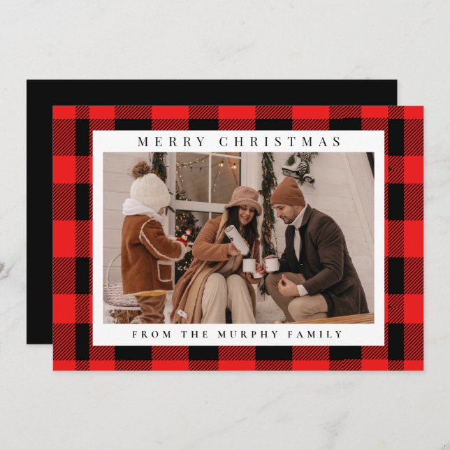 Elegantes Red Buffalo Kariertes Weihnachtsfamilien Feiertagskarte (Vorne/Hinten)