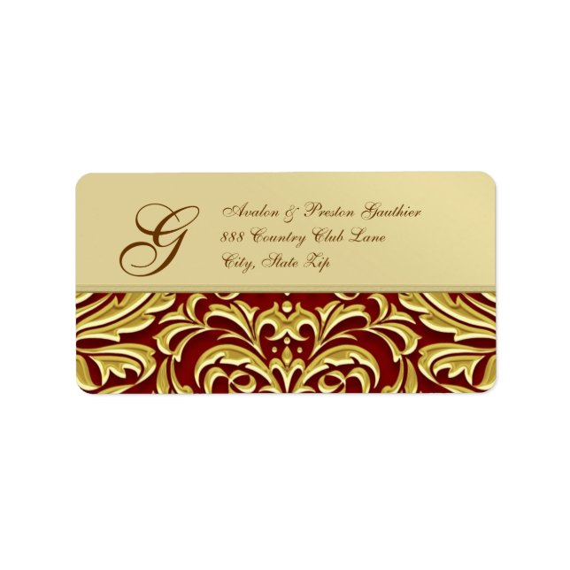 Elegantes Red Damask Gold Metal Address Label Adressaufkleber (Vorne)