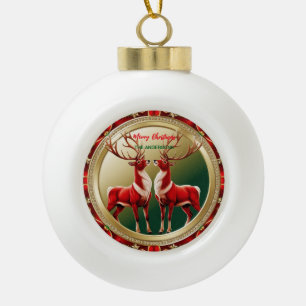 Elegantes Red Deer Moose Gold Snow Merry Xmas Part Keramik Kugel-Ornament