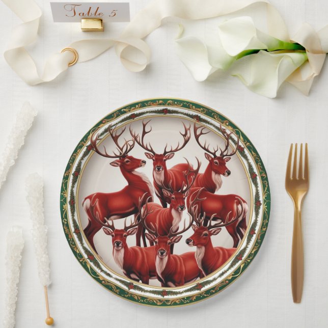Elegantes Red Deer Moose Gold Snow Merry Xmas Part Pappteller (Hochzeit)