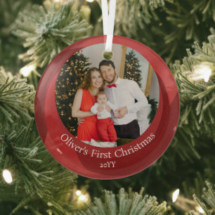 Elegantes Red Family Foto Baby's First Christmas Ornament Aus Glas