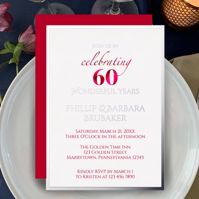 Elegantes Red Floral 60. Hochzeitstag Party Folieneinladung (Celebrate the 60th anniversary by customizing this party invitation template. Festive elegant unique)