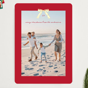 Elegantes Red Frame Christmas Gold Bow Foto Folien Feiertagskarte