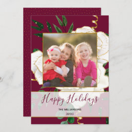 Elegantes Red Glam Vintag White Roses Glitzer Foto Feiertagskarte