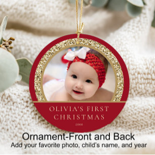 Elegantes Red Gold Baby's 1. Weihnachtsfest Foto Keramik Ornament