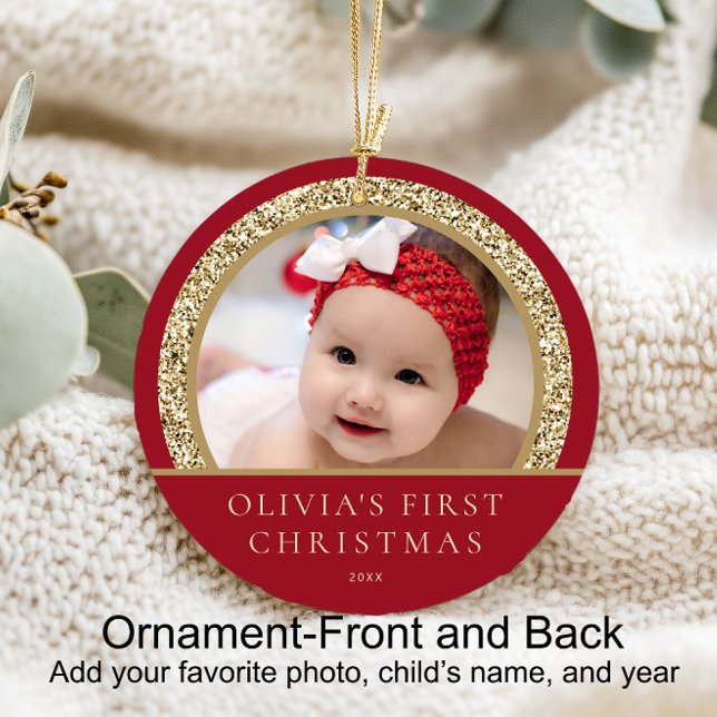 Elegantes Red Gold Baby's 1. Weihnachtsfest Foto Keramik Ornament (Baby's 1st Christmas)