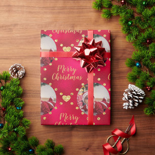 Elegantes Red & Gold Christmas Squares Baby Foto Geschenkpapier
