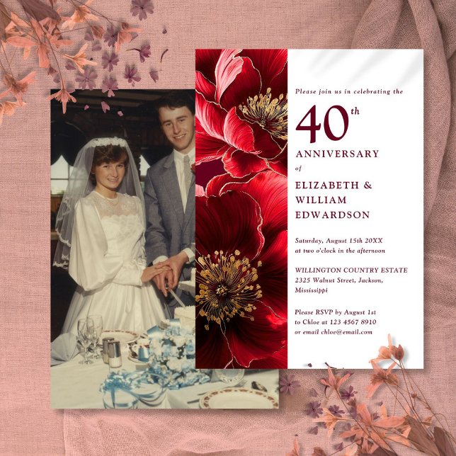 Elegantes Red Gold Floral 40-jähriges Foto Einladung (Elegant Red Gold Floral 40th Anniversary Photo Invitation)
