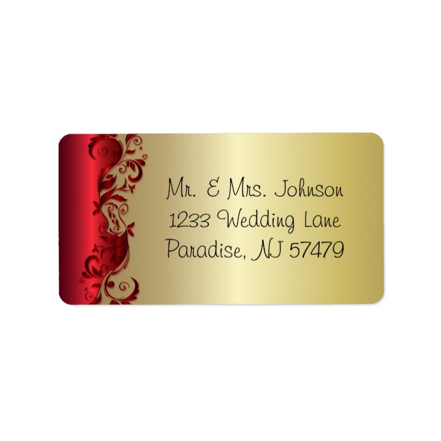 Elegantes Red & Gold Florid Wedding Design Adressaufkleber (Vorne)