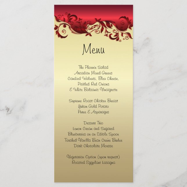 Elegantes Red & Gold Florid Wedding Design Menükarte (Vorderseite)