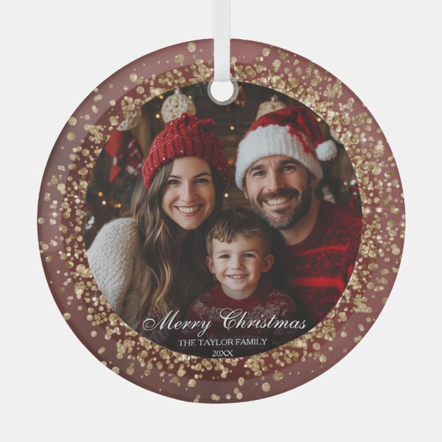 Elegantes Red Gold Glitzer Weihnachtsfamilie Foto Ornament Aus Glas (Vorderseite)