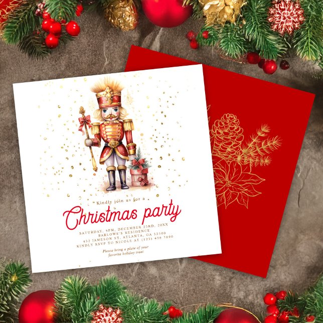 Elegantes Red Gold Nutcracker Weihnachts-Party Einladung (Elegant Red Gold Nutcracker Christmas Party Invitation)