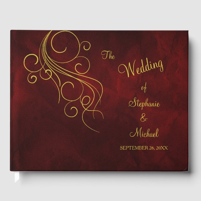 Elegantes Red Gold Swirl Wedding Gästebuch (Vorderseite)
