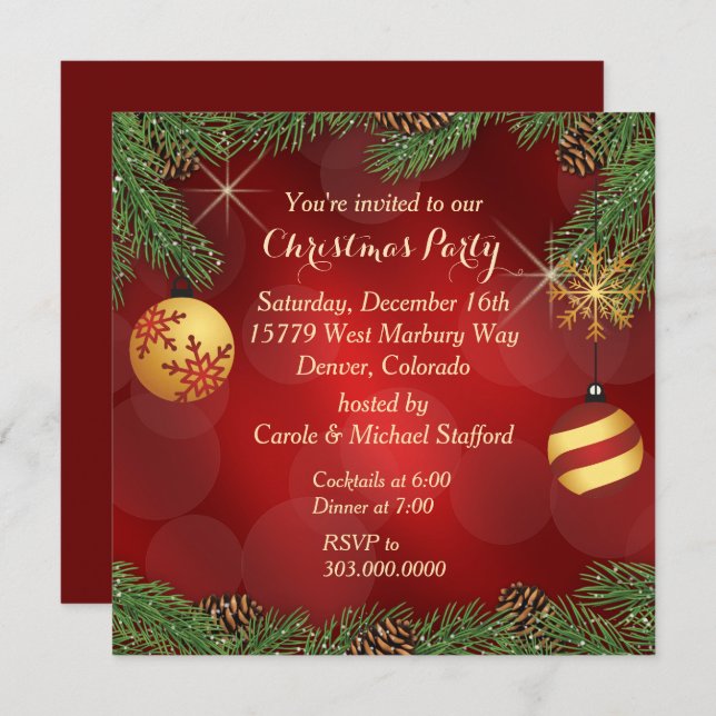 Elegantes Red Gold Weihnachts-Party Einladung (Vorne/Hinten)