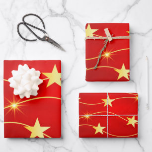 Elegantes Red Gold Weihnachts-Star-Urlaubsmuster W Geschenkpapier Set