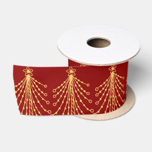 Elegantes Red & Gold Weihnachtsbaummuster Satinband