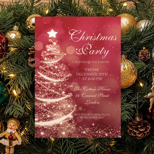 Elegantes Red & Gold Weihnachtsfest Party Sparkle Einladung (Elegant Red & Gold Christmas Party Sparkle Invitation)
