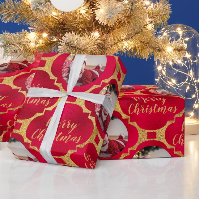 Elegantes Red & Gold Weihnachtsgeschenk-Foto Geschenkpapier (Von Creator hochgeladen)