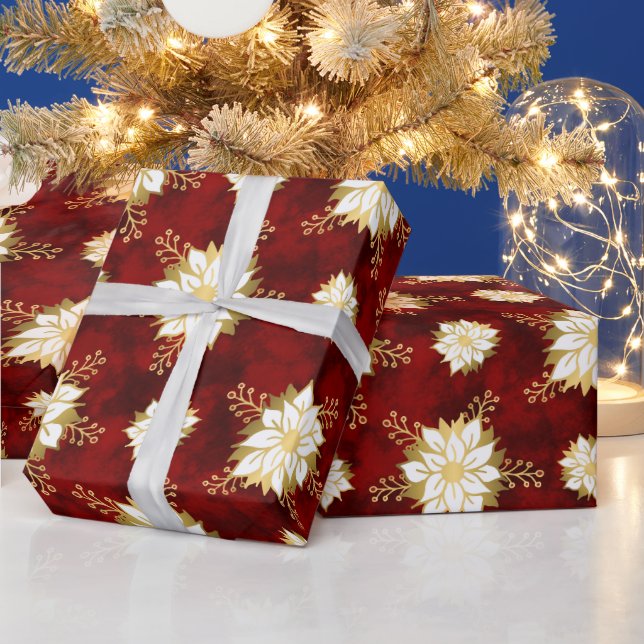 Elegantes Red Gold White Poinsettia Blume Muster Geschenkpapier (Feiertage)