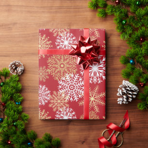 Elegantes Red Gold Winter Snowflakes Urlaubsmuster Geschenkpapier