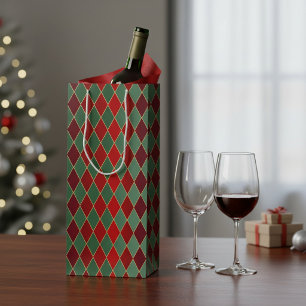 Elegantes Red Green Harlequin Luxury Pattern Geschenktüte Für Weinflaschen