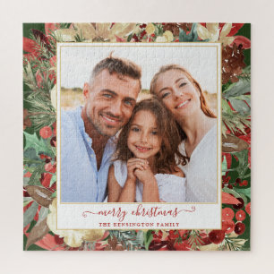 Elegantes Red Holiday Floral Weihnachten Foto Puzzle