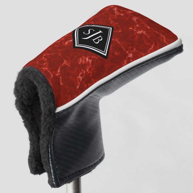 Elegantes Red Marble Black Diamond Monogram Golf Headcover (3/4 Vorderseite)