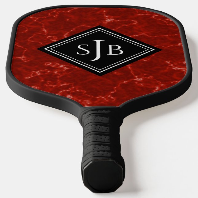 Elegantes Red Marble Black Diamond Monogram Pickleball Schläger (Ablage )