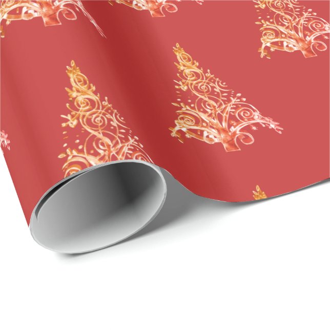 Elegantes Red Orange Christmas Tree Pattern Geschenkpapier (Rolleneckpunkt)