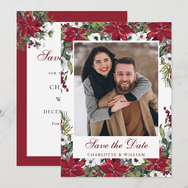 Elegantes Red Poinsettia Christmas Wedding Foto Save The Date (Vorne/Hinten)