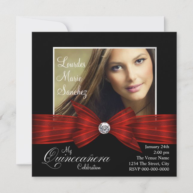 Elegantes Red Ribbon Black Red Foto Quinceanera Einladung