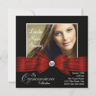 Elegantes Red Ribbon Black Red Foto Quinceanera Einladung