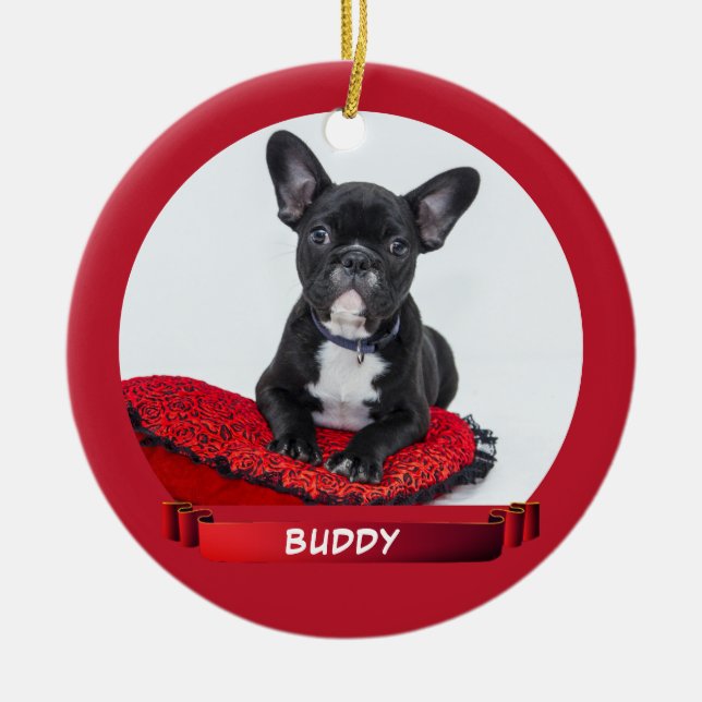 Elegantes Red Ribbon Dog Puppy Pet Foto Keramik Ornament (Vorne)