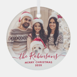 Elegantes Red Script Family Foto Frohe Weihnachten Ornament Aus Glas