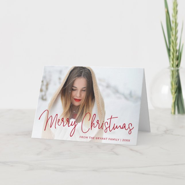 Elegantes Red Script Foto Frohe Weihnachten (Vorderseite)