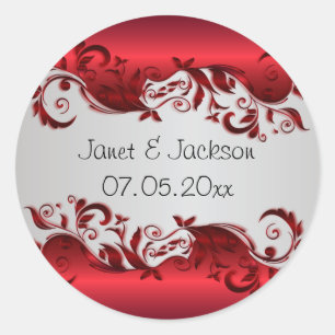 Elegantes Red & Silver Florid Wedding Design Runder Aufkleber