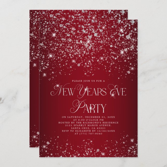 Elegantes Red Silver Glitzer Silvester Party Einladung (Vorne/Hinten)