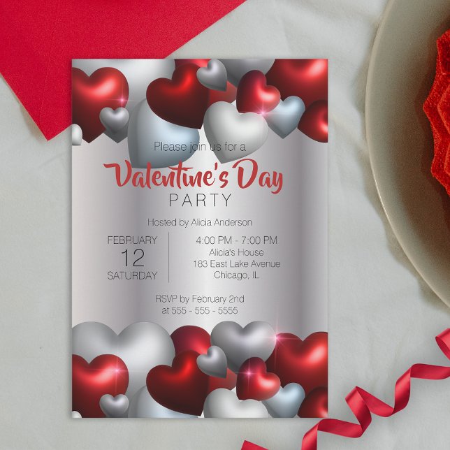 Elegantes Red Silver Hearts Valentine's Day Party Einladung (Von Creator hochgeladen)