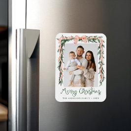 Elegantes Red Striped Bow Greenery Holiday Foto Magnet