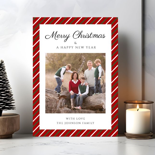 Elegantes Red Stripes Foto Weihnachten (Elegant Red Stripes Photo Christmas Holiday Card)