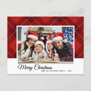 Elegantes Red Tartan Frohe Weihnachtsfamilie Foto Postkarte