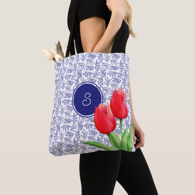 Elegantes Red Tulips Spring Floral Blue Monogram (Von Nahem)