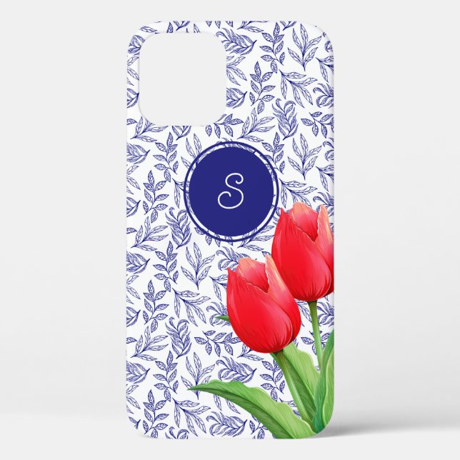 Elegantes Red Tulips Spring Floral Blue Monogram Case-Mate iPhone Hülle (Rückseite)