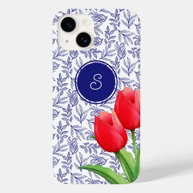 Elegantes Red Tulips Spring Floral Blue Monogram Case-Mate iPhone Hülle (Rückseite)