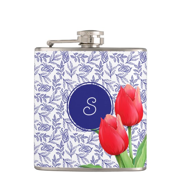 Elegantes Red Tulips Spring Floral Blue Monogram Flachmann (Vorderseite)