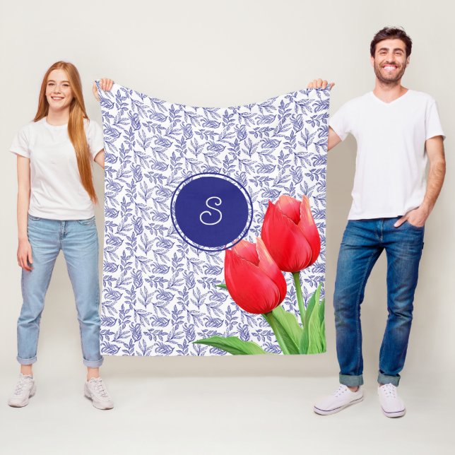 Elegantes Red Tulips Spring Floral Blue Monogram Fleecedecke (Beispiel)