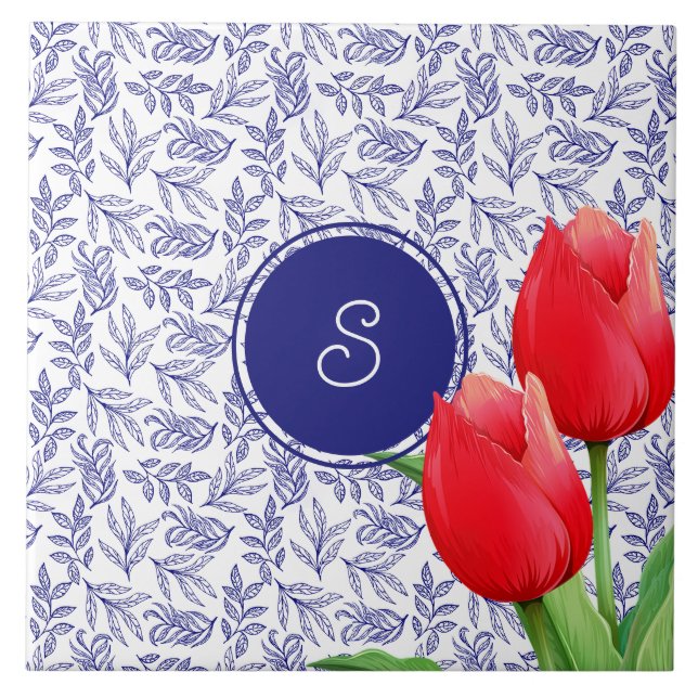 Elegantes Red Tulips Spring Floral Blue Monogram Fliese (Vorderseite)