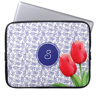 Elegantes Red Tulips Spring Floral Blue Monogram Laptopschutzhülle