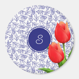 Elegantes Red Tulips Spring Floral Blue Monogram Magnet