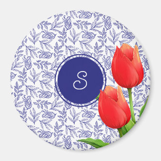 Elegantes Red Tulips Spring Floral Blue Monogram Magnet